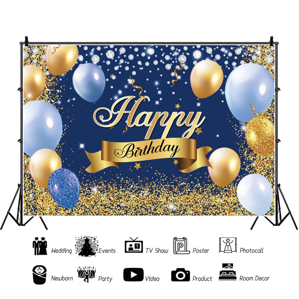 Yeele 3 x 2,4 m königsblauer Hintergrund mit blauen goldenen Luftballons, Diamanten, goldenes Konfetti, glitzernder Geburtstag, Fotografie-Hintergrund für Kinder, Jungen, Geburtstagsparty, Kuchen