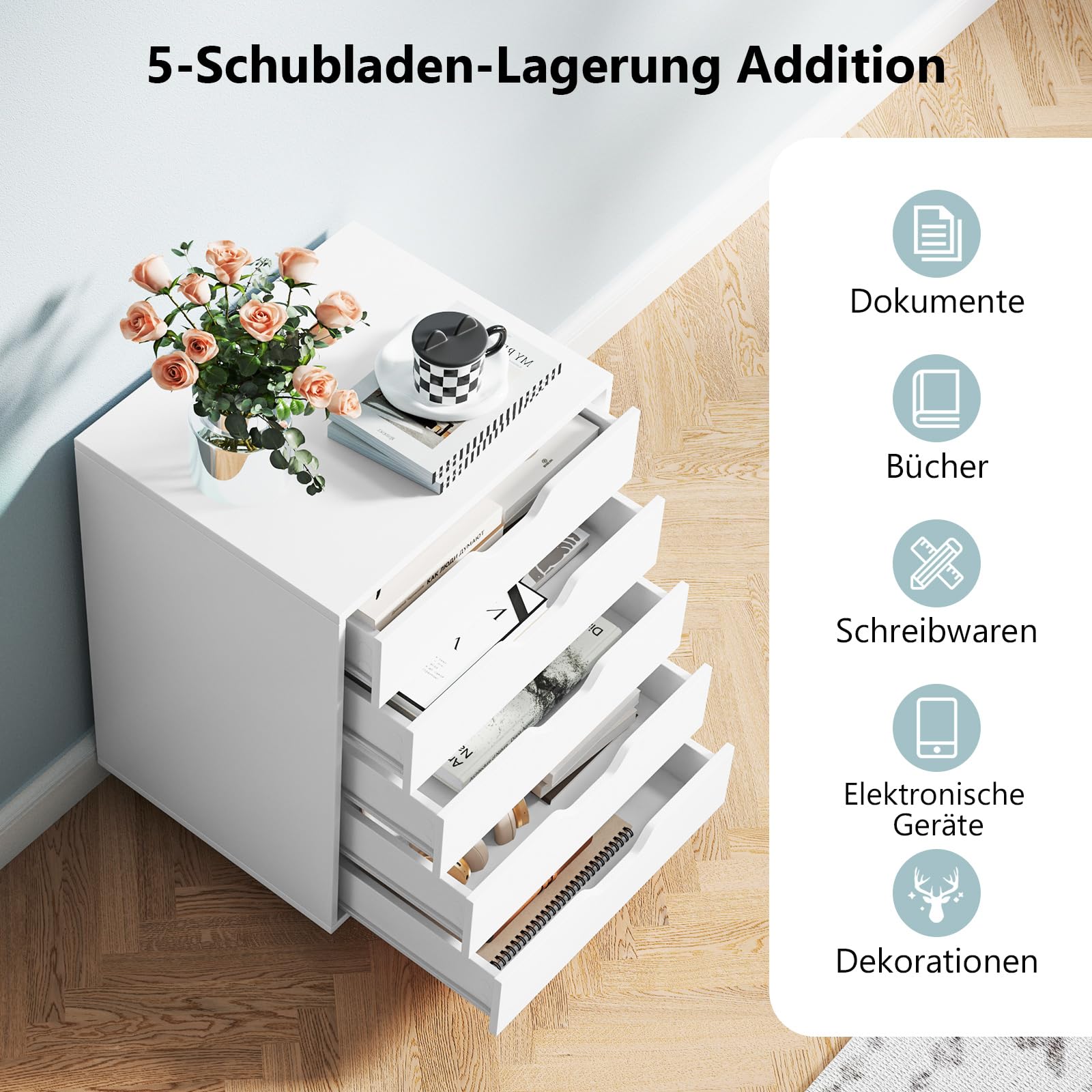 COSTWAY Rollcontainer mit 5 Schubladen, mobiler Aktenschrank mit Rädern, Bürocontainer Schubladenschrank Rollschrank Rollwagen, Schubladenkommode für Zuhause Büro (Weiß)