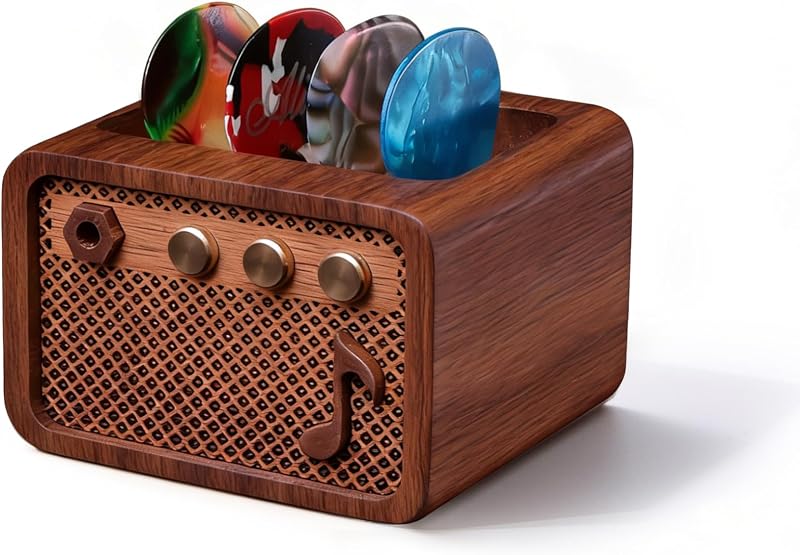 Guitar Pick Holder, Walnut Wood Amp Styled Guitar Pick Case for Picks Storage and Display, Guitar Gifts Accessories for Men Guitarists Guitar Players Music Lovers