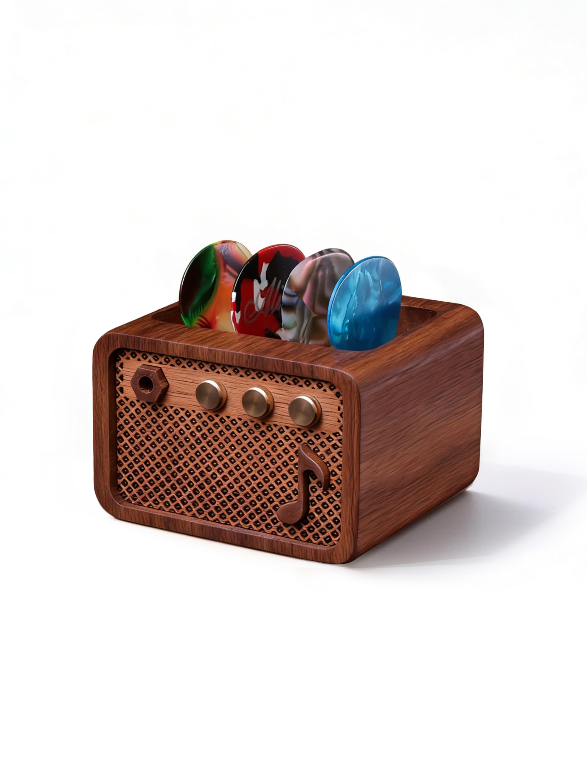 CoolGift Mart Guitar Pick Holder, Walnut Wood Amp Styled Guitar Pick Case for Picks Storage and Display, Guitar Gifts Accessories for Men Guitarists Guitar Players Music Lovers