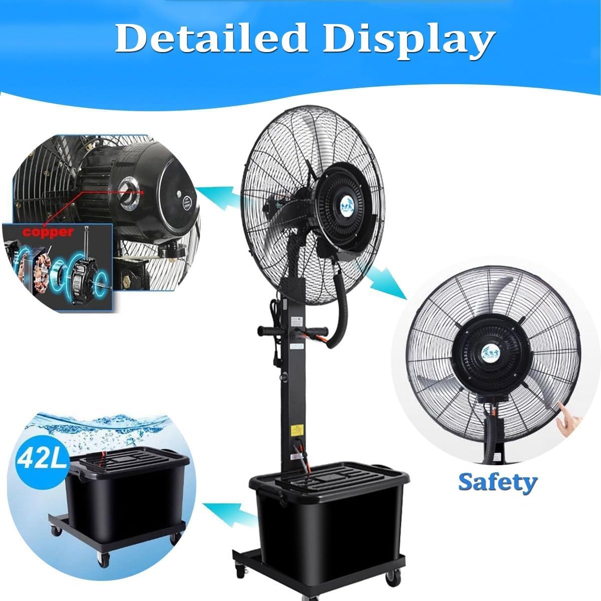 29.5in Misting Fans Large Factory Fan Spray Fan Commercial Cooling Fan Industrial Vertical Vibration Outdoor Mist Fan - With 42L Capacity Tank Floor Fan For Camping Patio Warehouse Bedroom(Size:29.5in