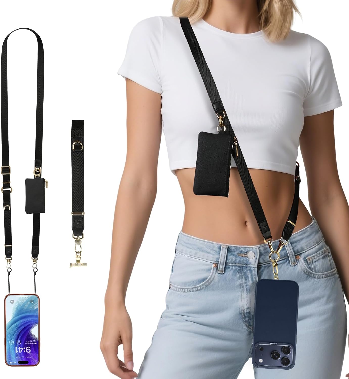 memumi 3 in 1 Adjustable Crossbody Phone Lanyard with Wallet Pouch, Secure Anti-Theft Phone Wrist Strap, Clip and Go Strap for Phone (Zinc Alloy Buckle) Black