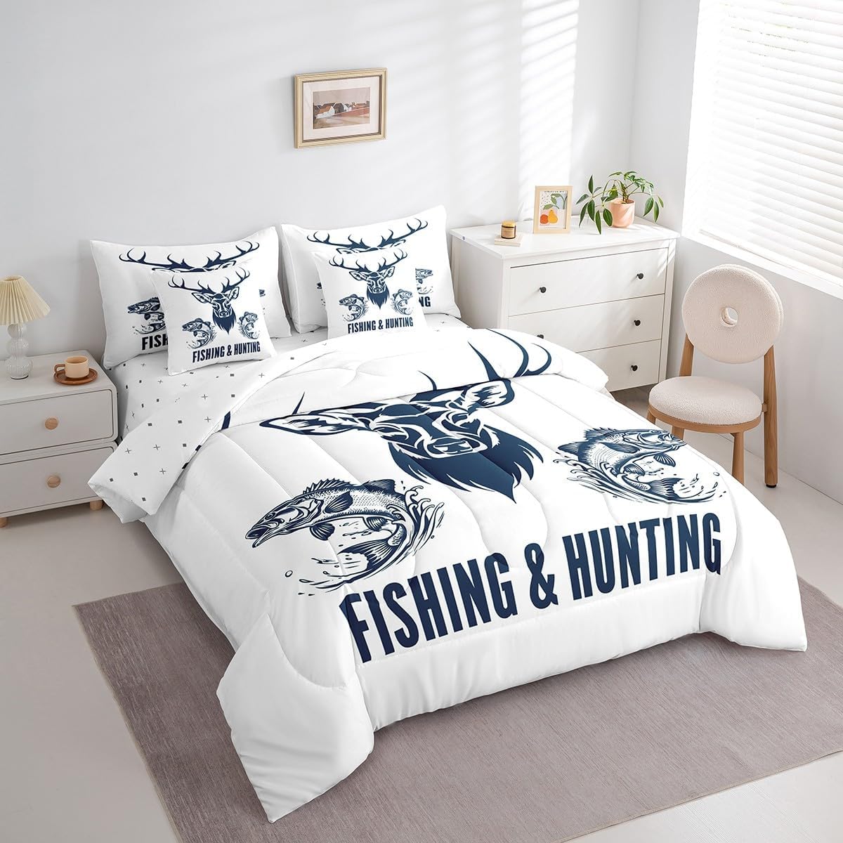 Feelyou Hunting and Fishing Comforter Set Queen Size 7 Pieces for Boys Girls Kids Cabin Farmhouse Bedding Set All Season Deer Fish Bed in a Bag with Comforter, Sheets, Pillowcases & Cushion Cover Soft