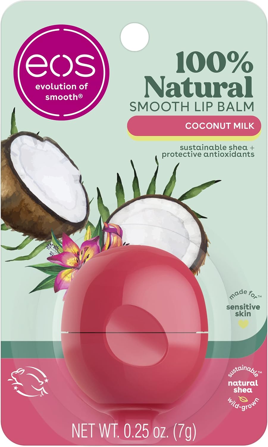 eos 100% Natural Lip Balm - Coconut Milk, All-Day Moisture, Dermatologist Recommended for Sensitive Skin Care, Lip Care Products, 0.25 oz