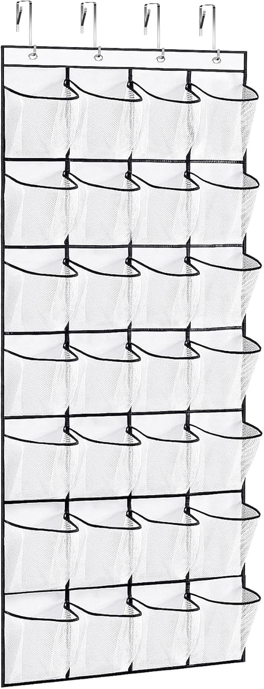 28Large Pockets Over The Door Shoe Organizer, Hanging Shoe Organizer for Closet, Premium Clear Shoe Rack for Door, Shoes Hanger Organizers Storage Holder for Back of Door and 4Metal Hook White