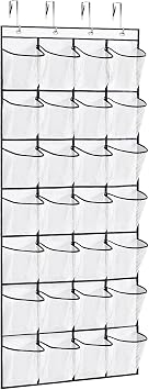 VOPTON 28Large Pockets Over The Door Shoe Organizer, Hanging Shoe Organizer for Closet, Premium Clear Shoe Rack for Door, Shoes Hanger Organizers Storage Holder for Back of Door and 4Metal Hook White