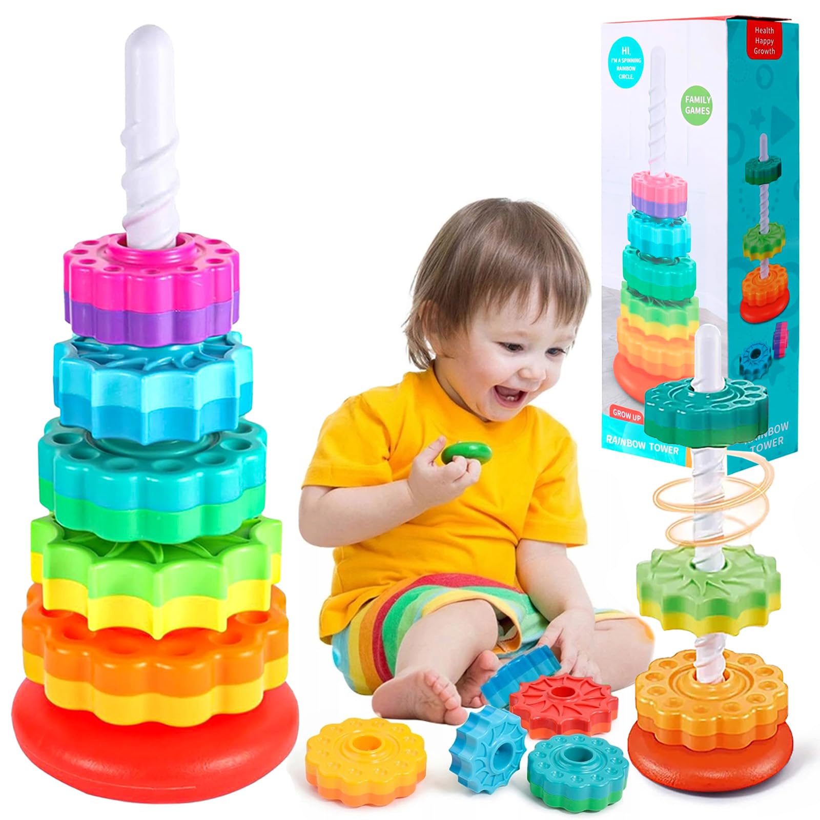 Xchance Spinning Stacking Toy for Kids,Rainbow Tower Ring Stacker Toy,Stacking Rings Game Kids,Sensory Spin Gears Rings Toys,Stackable Educational Toy for Toddlers Plugging Family Games for Kids
