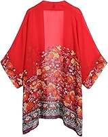 Vista 4 de olrain - Cárdigan estilo kimono holgado y traslúcido, de gasa, con estampado floral, para mujer