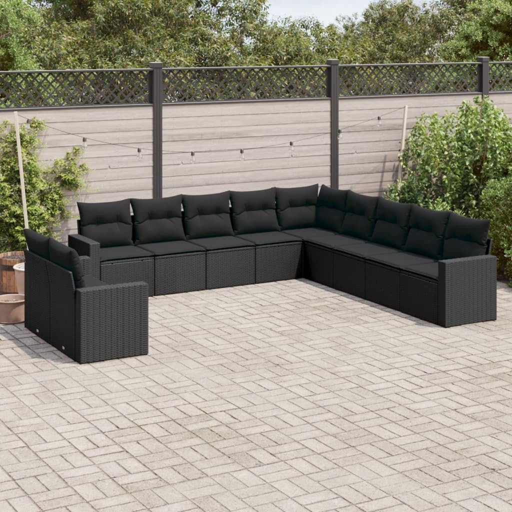 Ensemble de canapé de jardin 11 pièces avec coussins, noir, polyrotin, résistant aux intempéries, canapé modulaire pour terrasse, balcon, extérieur, salon avec espace de rangement