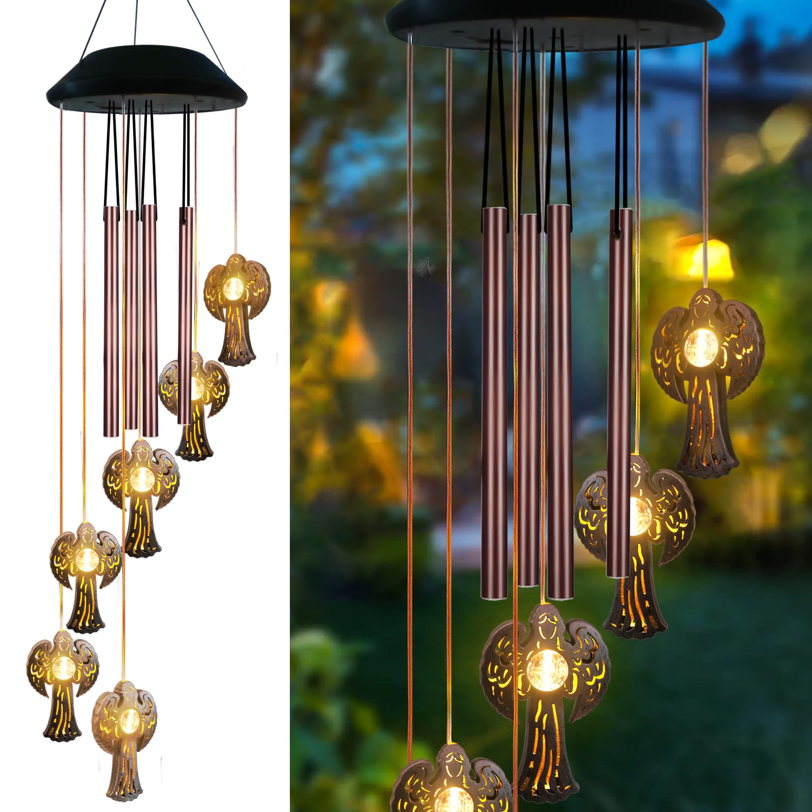Kaixoxin Solar Angel Wind Chime Outdoor 6 LED Solar Wind Chime Lights for Outside Hanging Lights Warm-White LED Lights Angel Decor,Gifts for Wife Mother Grandmom Kids Friends Gifts