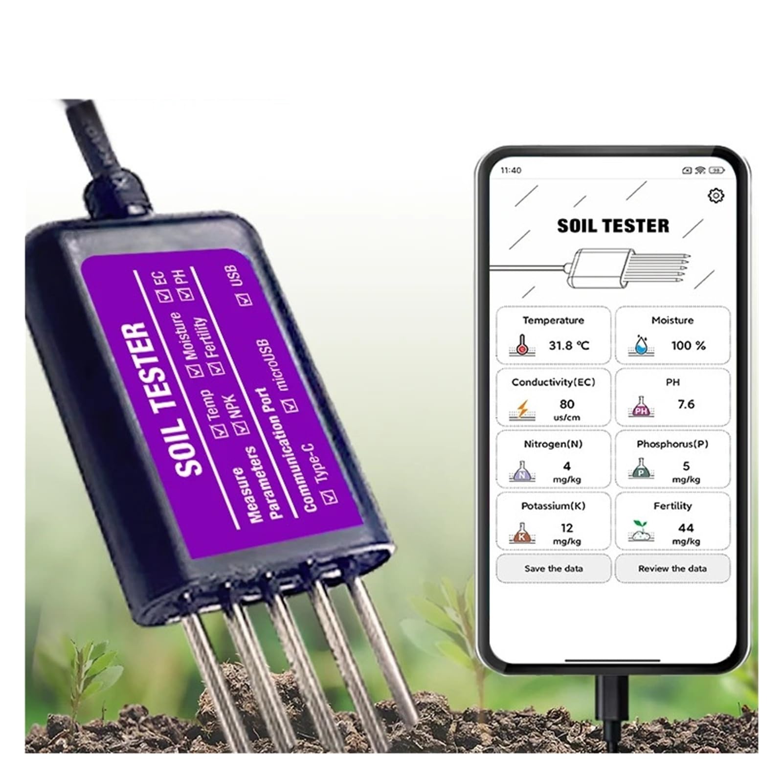 Misuratore di Terreno Sensore for Terreno 8 in 1 NPK EC umidità Temperatura PH Misuratore NPK con App Data Logger Tester for Terreno Ricaricabile Tramite USB(Tin Box Packaging)