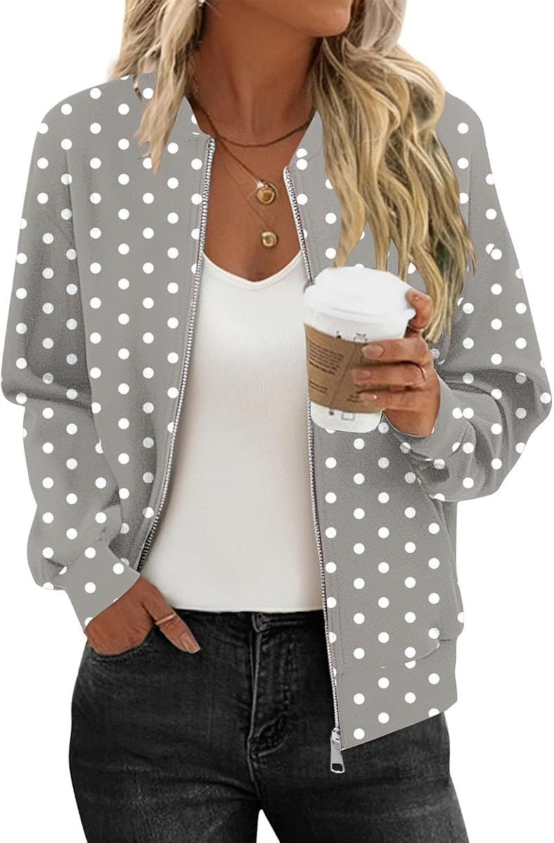 Varsity Jacket Women Casual Long Sleeve Zip Up Bomber Jacket Color Block Gradient Polka Dots Spring Fall Clothes
