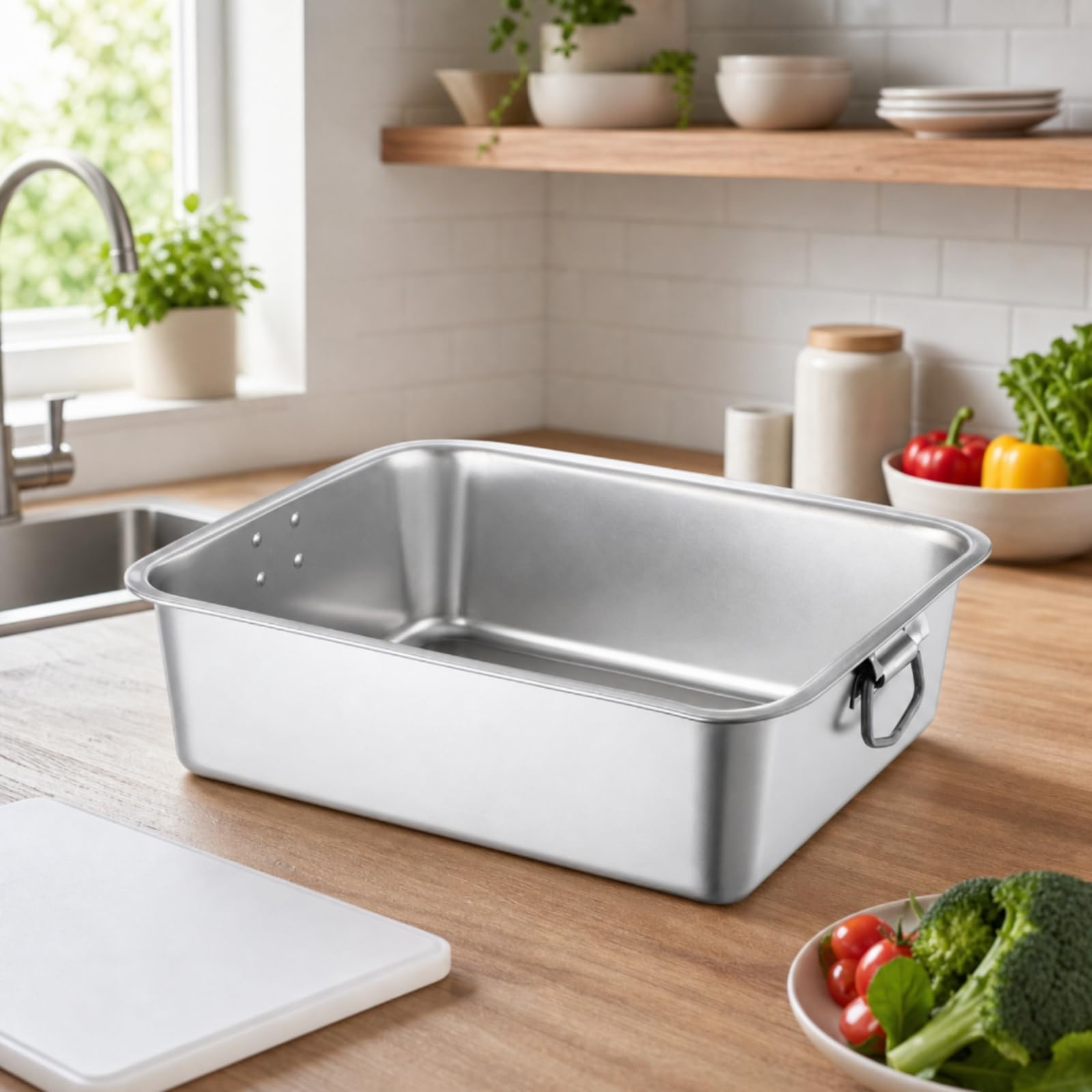 Vassoio Buffet Rettangolare in Acciaio Inox Resistente Vassoio da Buffet in Acciaio Inox con Manici Piatto da Portata per Operri Ristorazione, 27x20x10 Cm