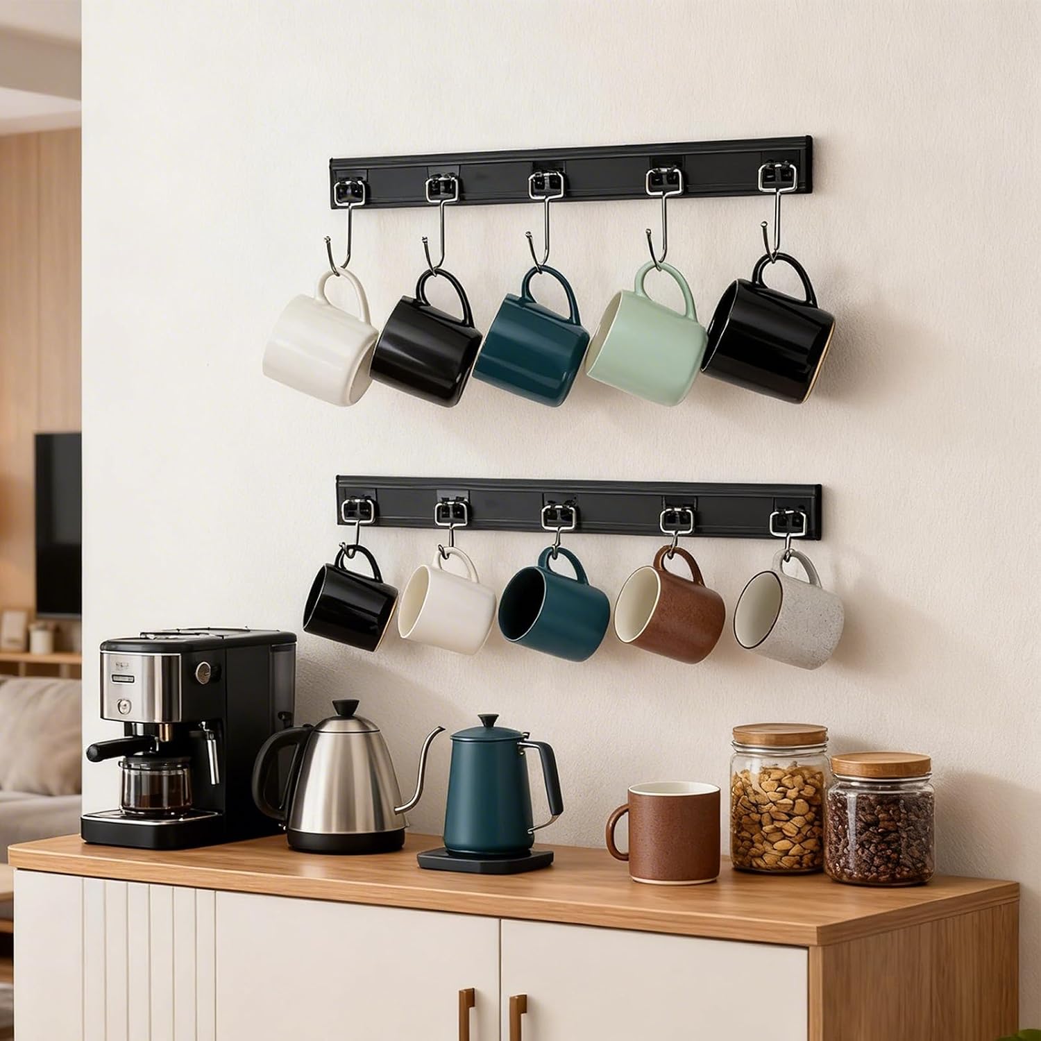 2-Pack Mug Holder Wall Mounted, 5-Hook Coffee Mug Rack & Hanger, Aluminum Coffee Cup Holder, Mug Organizer for Kitchen, Black