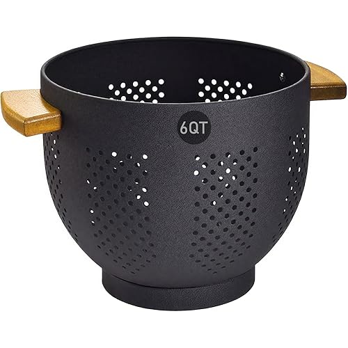 Colander for Kitchen, 6 QT Metal Colander with Wood Handle, Essentials Kitchen Gadgets Strainers and Colanders Food Strainer Basket for Draining Pasta Strainer, Vegetable & Fruit, Black