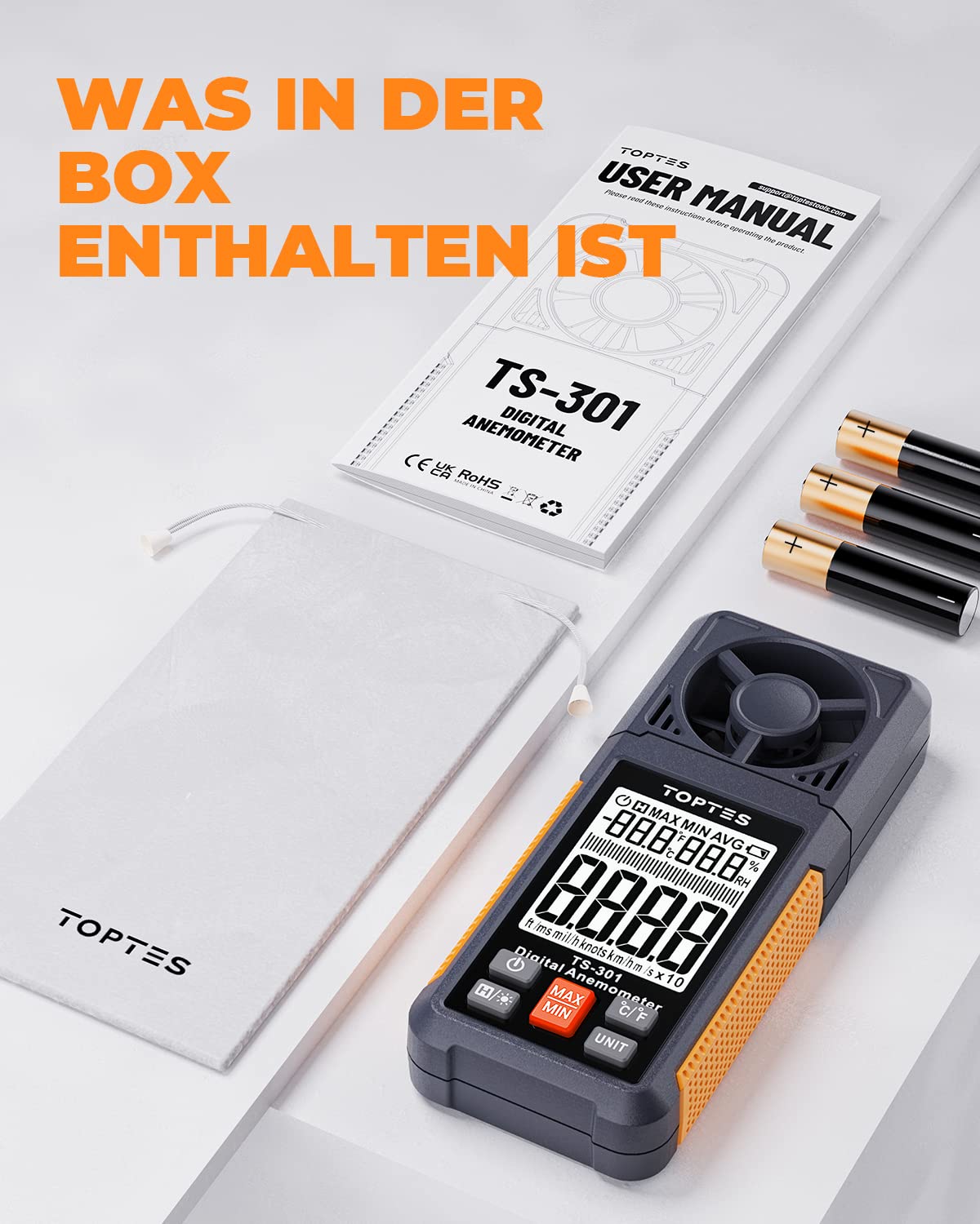 TopTes TS-301 Digitaler Windmesser Anemometer Handheld Wind Speed Meter 2,26-Zoll-LCD-Bildschirm