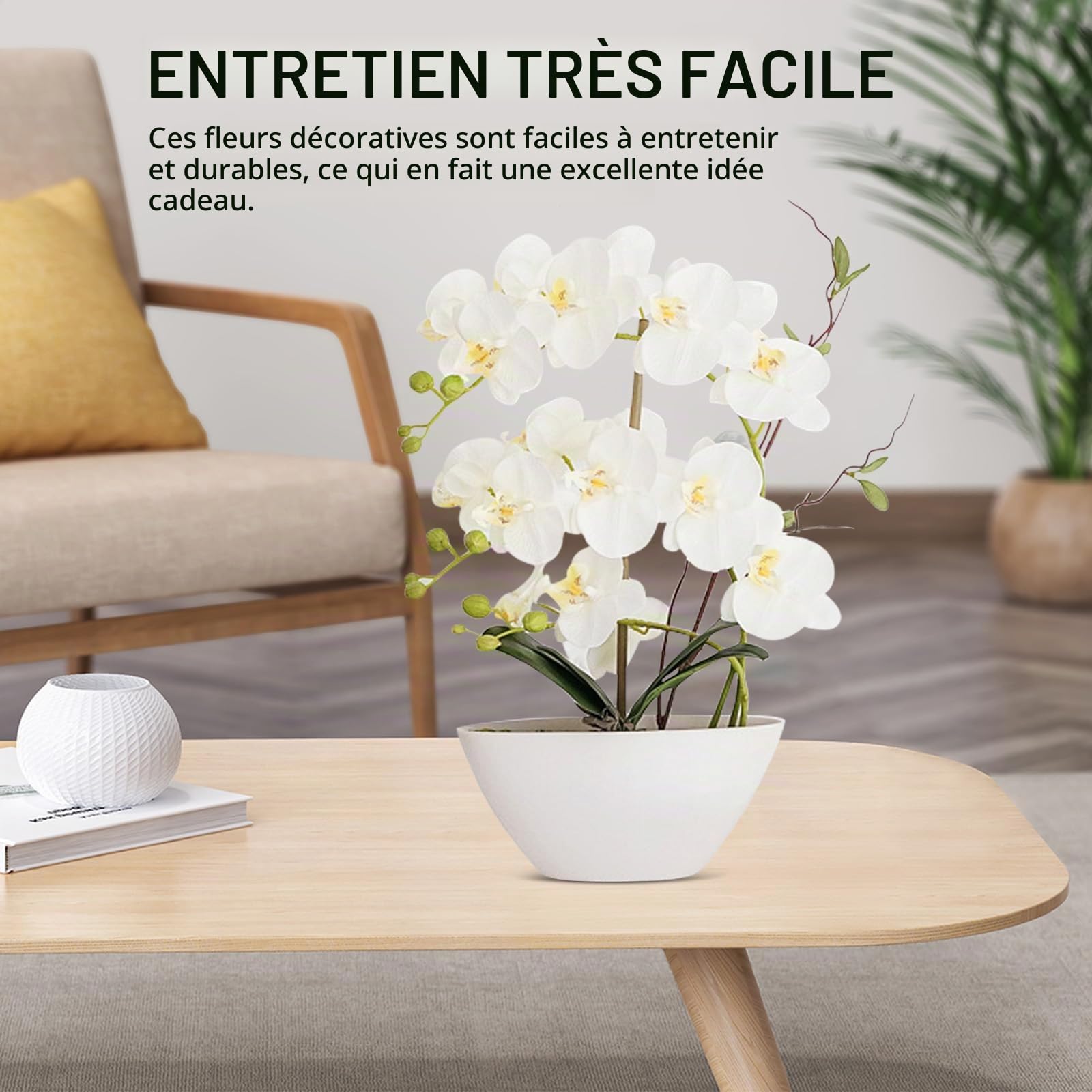Fleurs Artificielles, 45CM Fleurs Artificielles Orchidée Décoration Artificielle Plantes Comme De Vraies Décoratives Artificielles Orchidées En Pot Décoration De Table Rebord De Fenêtre Pour Salon
