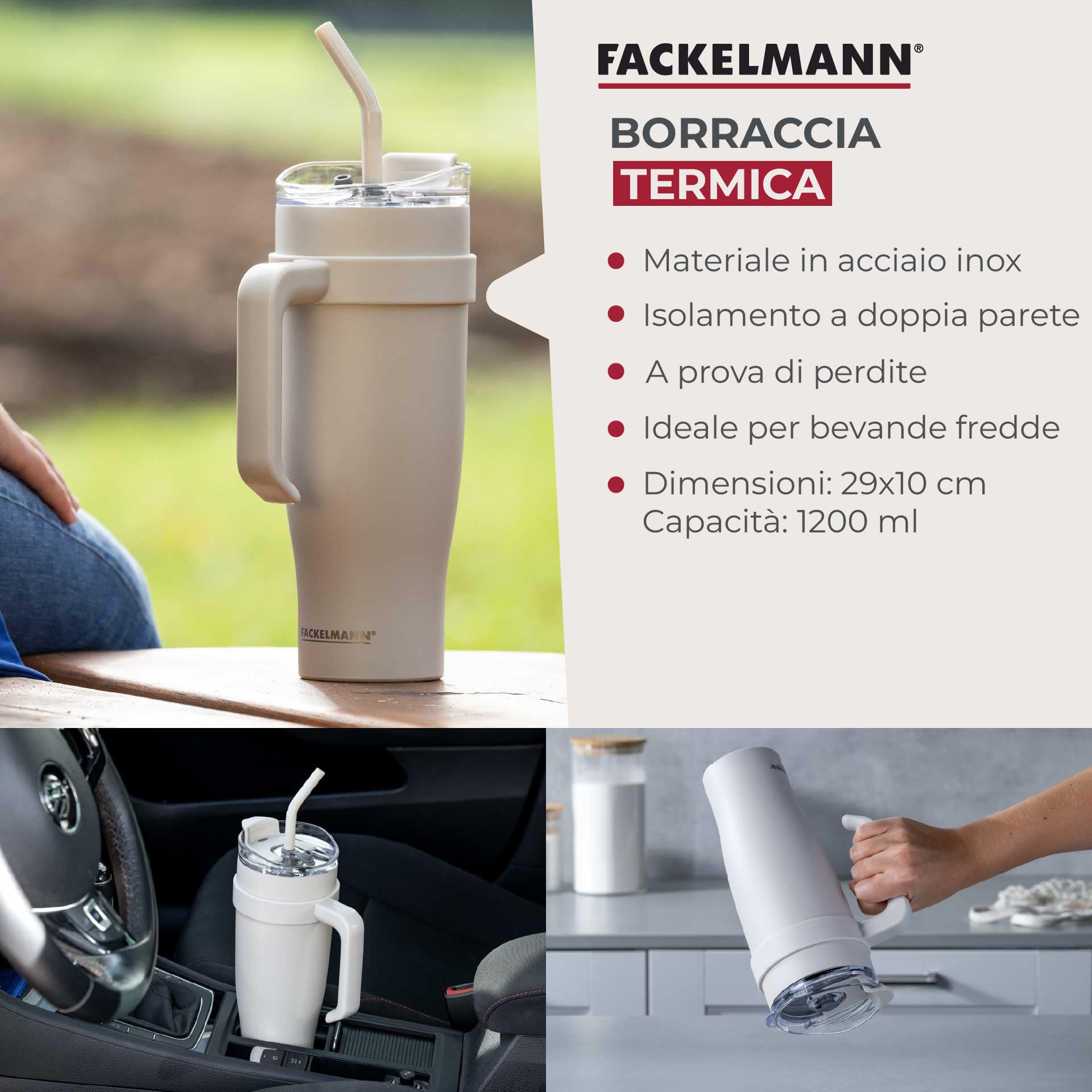 Fackelmann Bicchiere isolante XXL beige 1200 ml – per bevande fredde, in acciaio inox di alta qualità con isolamento a doppia parete e prolunga flessibile della cannuccia