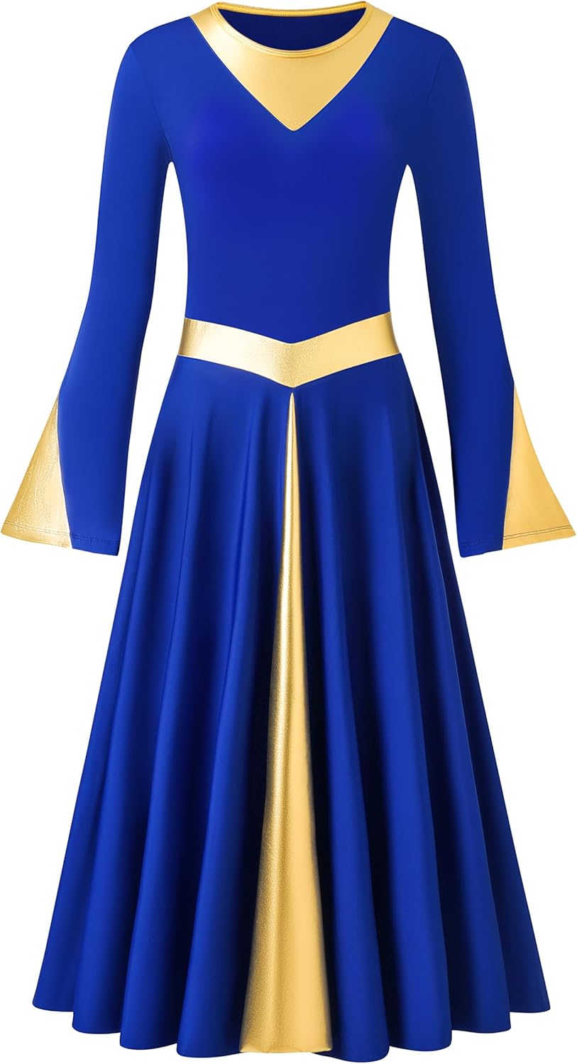 MOLLDAN Women Praise Dance Dress with Lining Metallic Fit Full Length Liturgical Long Sleeve Worship Dress