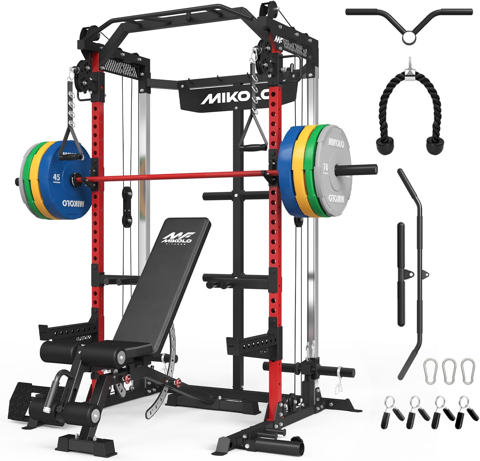 Mikolo Power Cage, 2000LB Power Rack with Independent Dual Pulley System, Multi-Function Home Gym Workout Machine for Cable Crossover