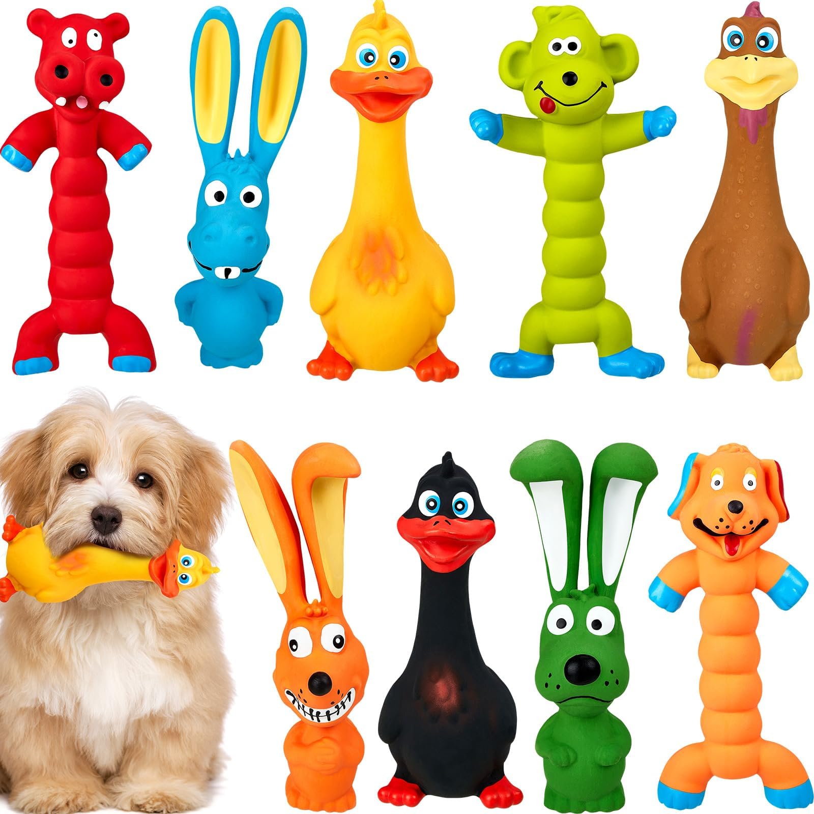 TERRIFI 7 Inch Squeaky Latex Dog Toys Standing Stick Soft Rubber Dog Chew Toy Animal Puppy Fetch Interactive Play Toy Assorted Animal Pet Toys for Small Medium Large Dogs Assorted Color(Set of 9)
