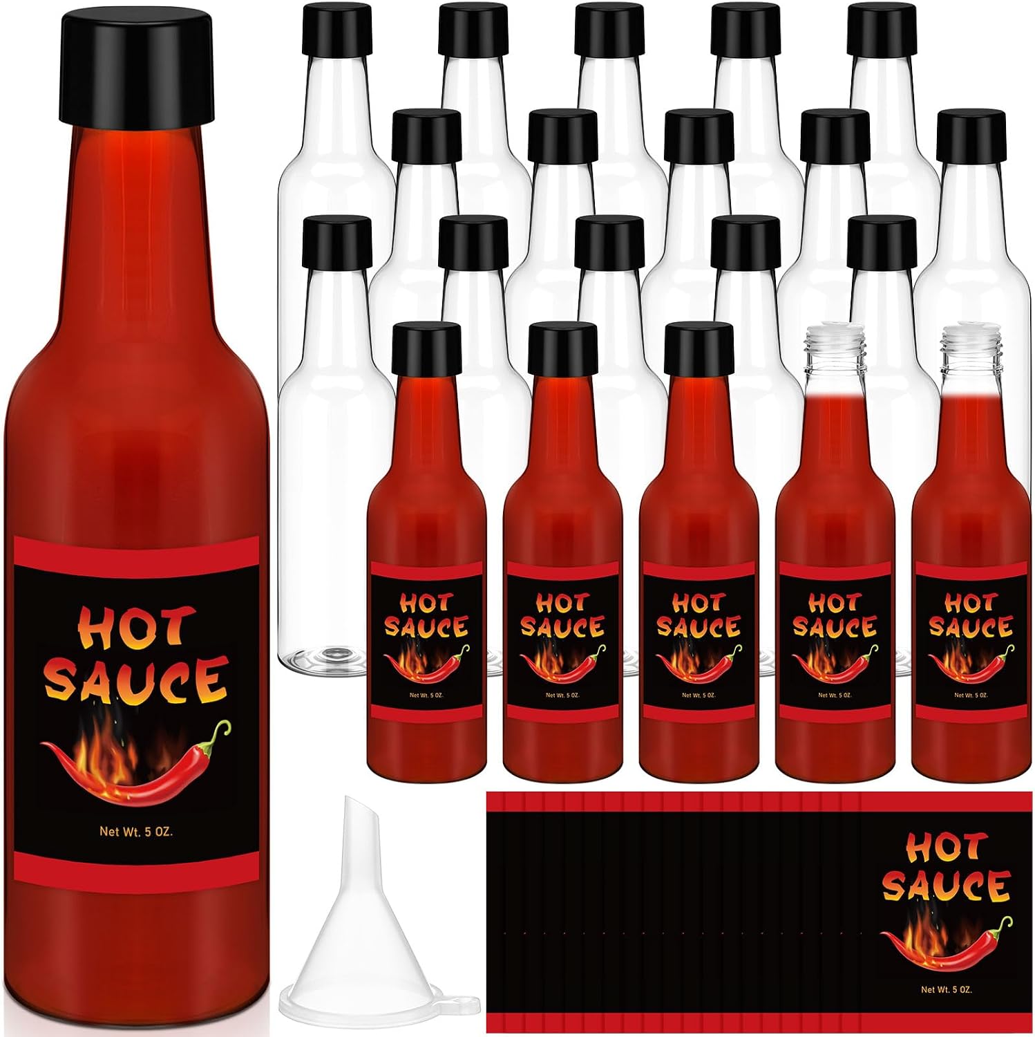 LemonRoad 20 Set 5 oz Hot Sauce Bottles, Plastic Clear Woozy Bottles with Leak Proof Black Screw Cap and Label, Small Liquor Wine Containers for Kitchen Sauce Salad Dressing Syrup Supply Souvenir