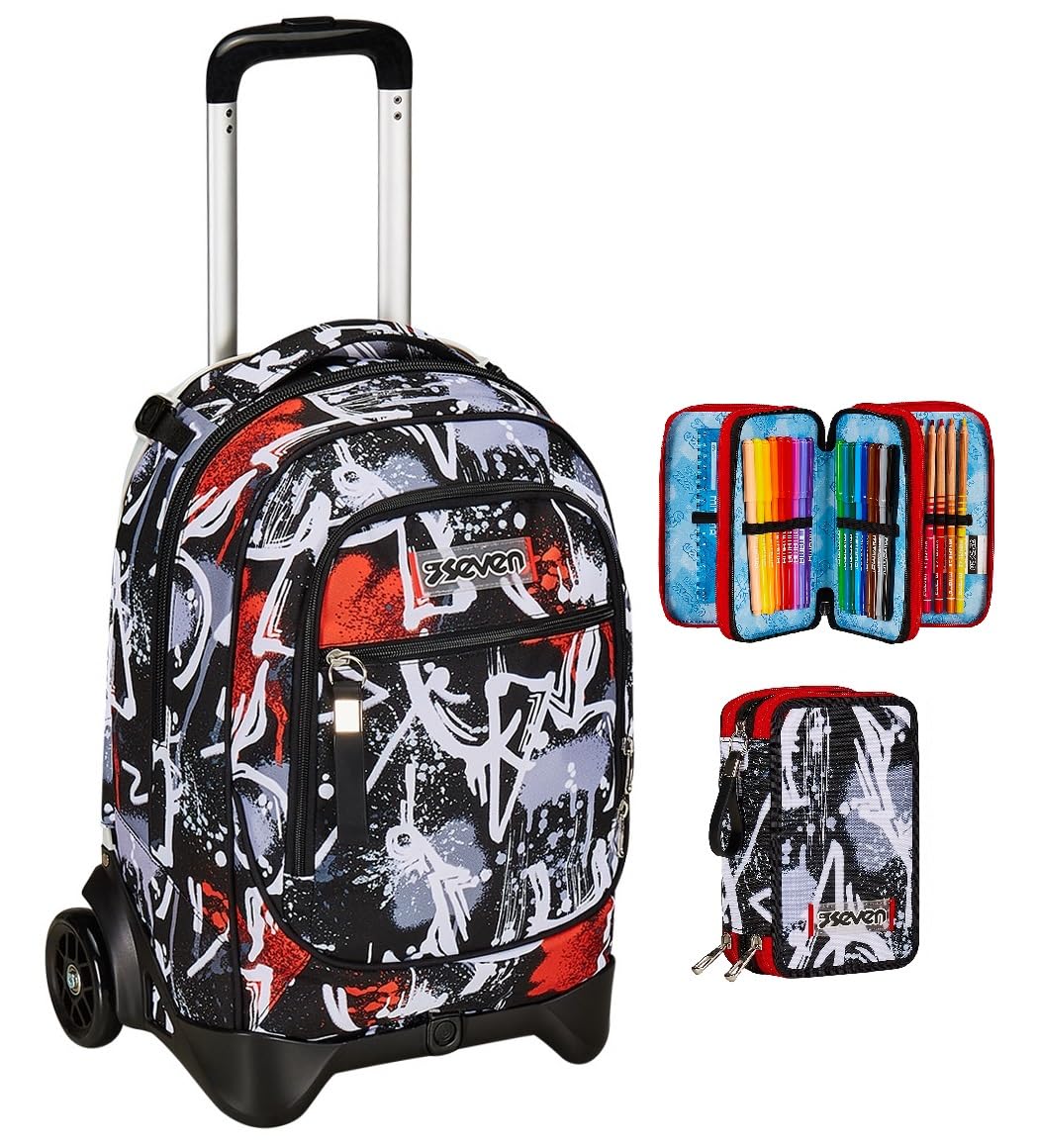 Seven Trolley Scuola, Spray Me, Nero, Triplo Uso, Zaino con carrello sganciabile + Astuccio 3 Scomparti, Nero, Bambina e Ragazza