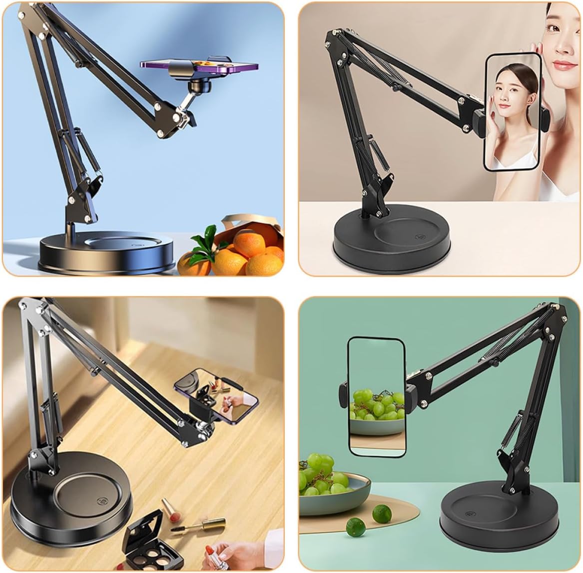 Adjustable Desk Phone Holder with Weighted Base for Live Streaming and Filming, Portable Black Mobile Phone Mount Compatible with Smartphones