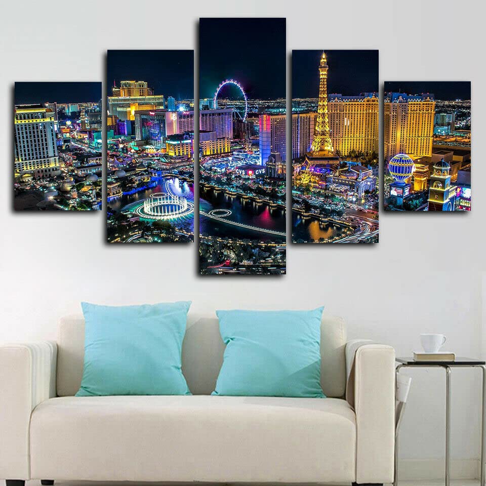 Deco murale salon 5 parties Las Vegas tableau grand format avec cadre en bois