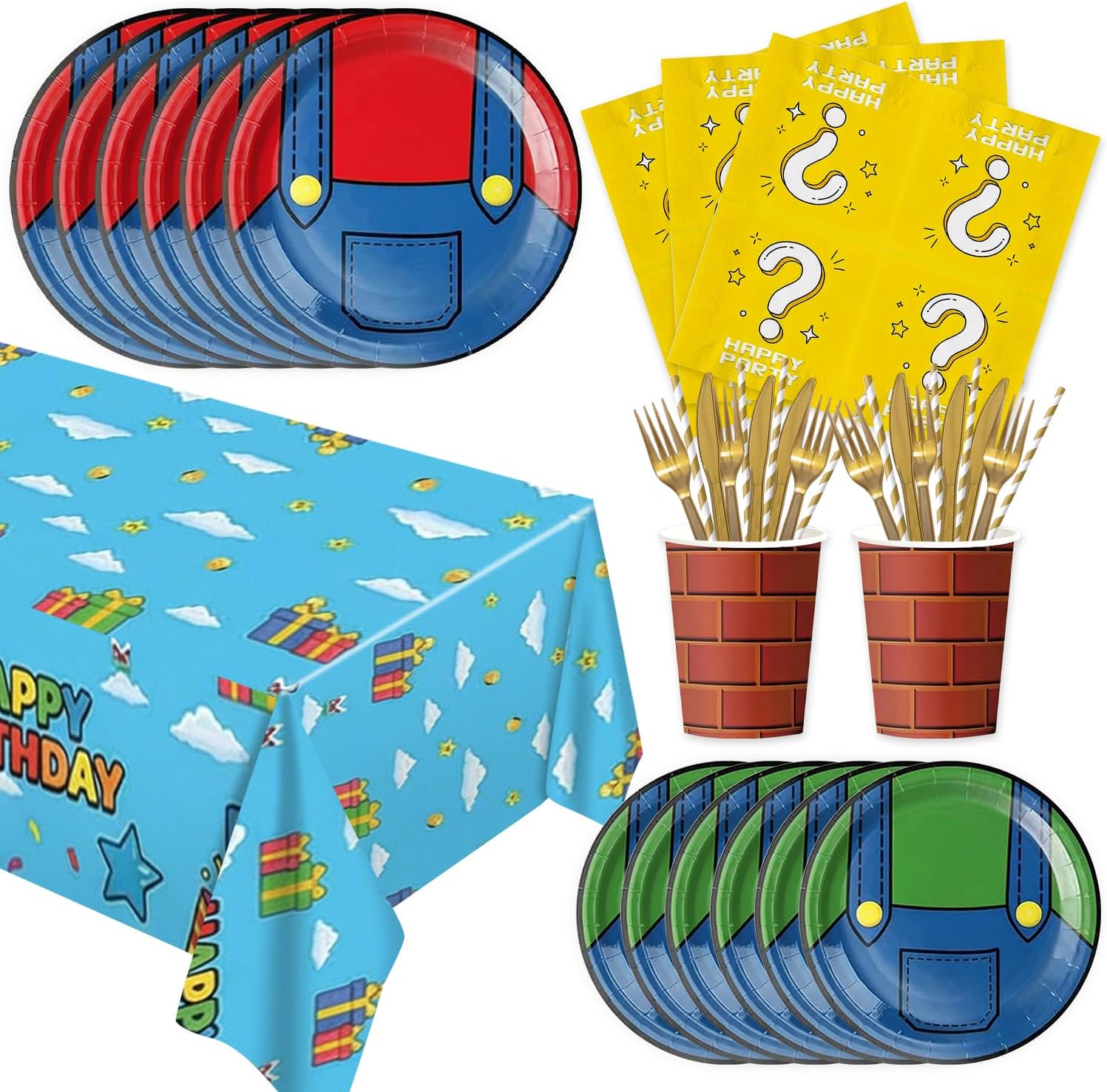 141Pcs Cartoon Party Decoration Tableware Set Cartoon Game Birthday Plates and Napkins Cups Straws Cutlery Sets Supplies Happy Birthday Party Decorations