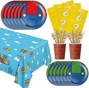 141Pcs Cartoon Brother Party Decoration Tableware Set Cartoon Game Birthday Plates and Napkins Cups Straws Cutlery Sets Supplies Super Happy Birthday Party Decorations