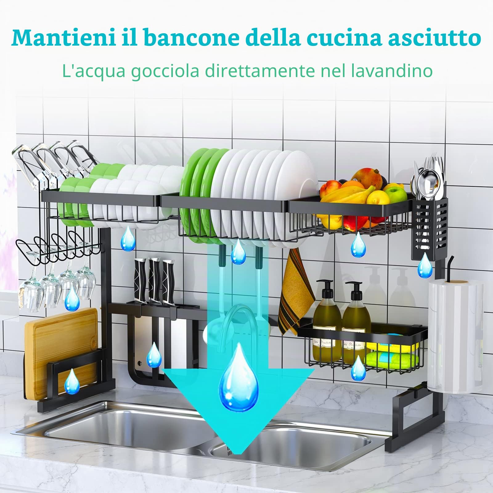 Scolapiatti sopra il lavandino - In acciaio inox regolabile (33 "-40") grande rack per stoviglie organizer da cucina salvaspazio mensola porta utensili scolapiatti