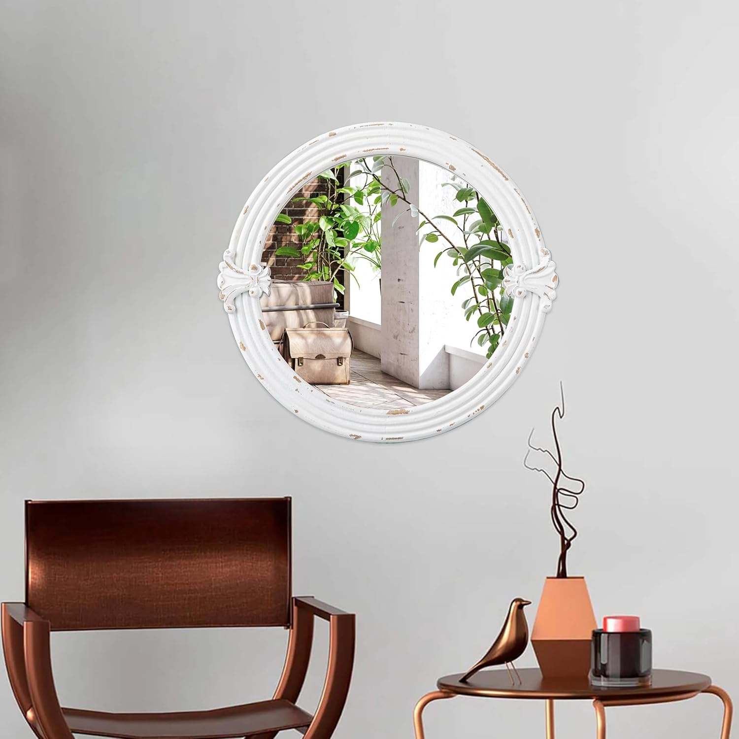 Rustic Round Mirrors for Wall Decor 20 Inch, Hanging Distressed White Floral Carved Wood Frame Circular Mirror for Entryway, Vintage Decorative Bathroom Mirrors for Over Sink