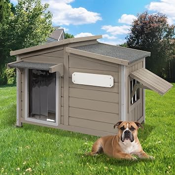 Large Outdoor Wooden Dog House, Weatherproof Dog Houses with Adjustable Vent Windows, Alloy Chew-Resistant Frame, Removable Floor for Medium & Large Dogs 34" L x 22" W x 25.9" H