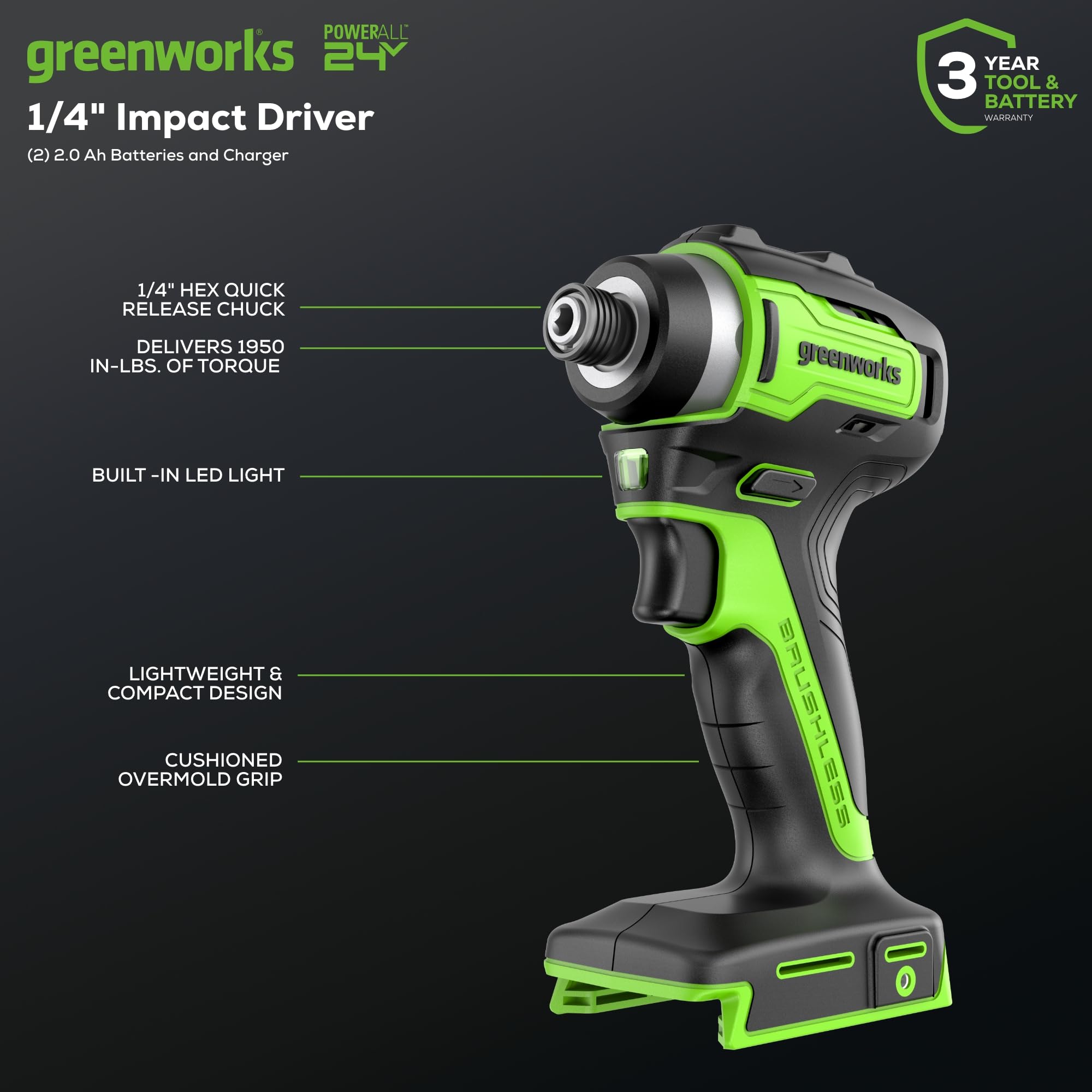 Greenworks 24V 3‑teiliges Akkutool-Set, bestehend aus Akkuschrauber (35 Nm), Akku-Schlagschrauber (220 Nm), 1.2J Akku-Bohrhammer, 2 Akkus und einem Ladegerät