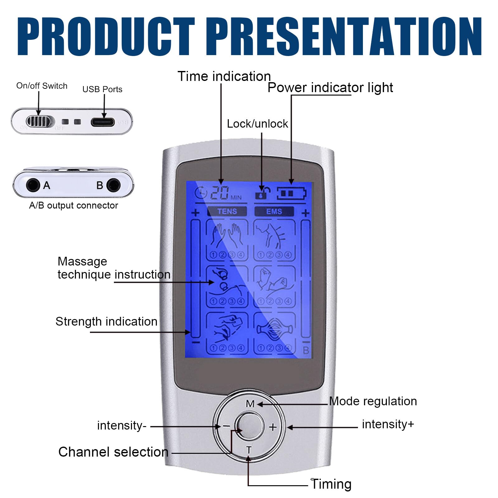 TENS EMS electrostimulateur musculaire, Appareil de thérapie de la douleur TENS rechargeable electrostimulation appareil appareil de thérapie la douleur avec 24 programmes d'entraînement et 2 canaux