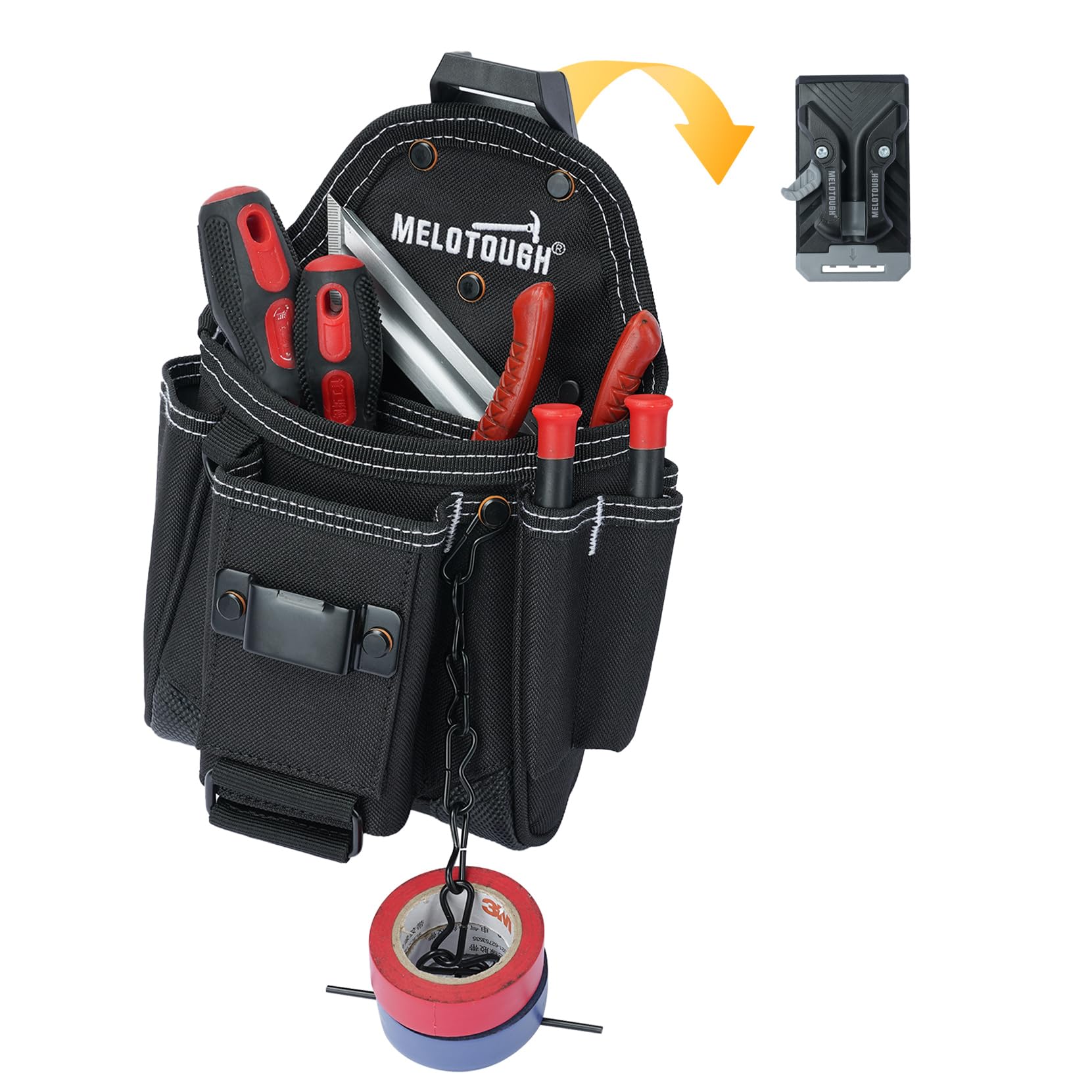 MELOTOUGH Bolsa de herramientas para electricista profesional para cinturón con clip de cinturón 9 bolsillos bolsa de herramientas artesanales con cinta adhesiva funda de cuerda