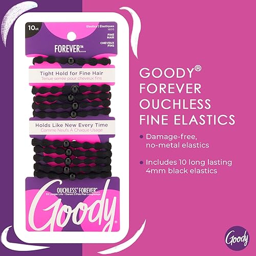 Miniatura 2 de Goody Ouchless Forever - Elásticos finos para el cabello, 10 unidades, color negro, bandas sin daños, lazos para el cabello 3 veces más fuertes,