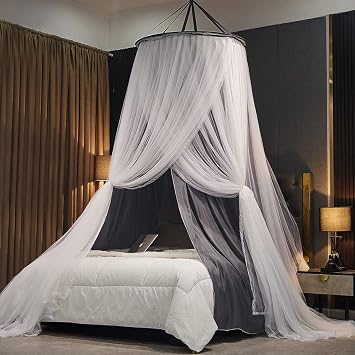Kertnic Luxurious Bed Canopy for Girls & Adults - Double Layer Princess Canopy with Lace, Round Dome Mosquito Netting for Queen/King Bed Tent New Gray