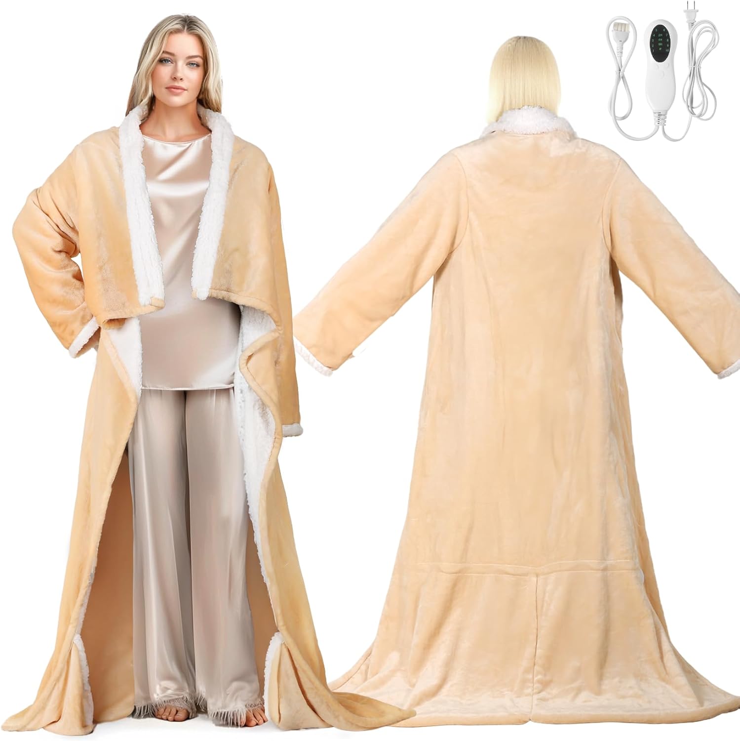 Electric Wearable Heated Blanket with Foot Pocket, Heated Blanket Wearable with Sleeves for Sofa, Flannel & Sherpa Electric Throw Blanket, 10 Heat Settings & 2-8H Auto Shut-Off, 50*70"+18", Beige 50*70 Beige