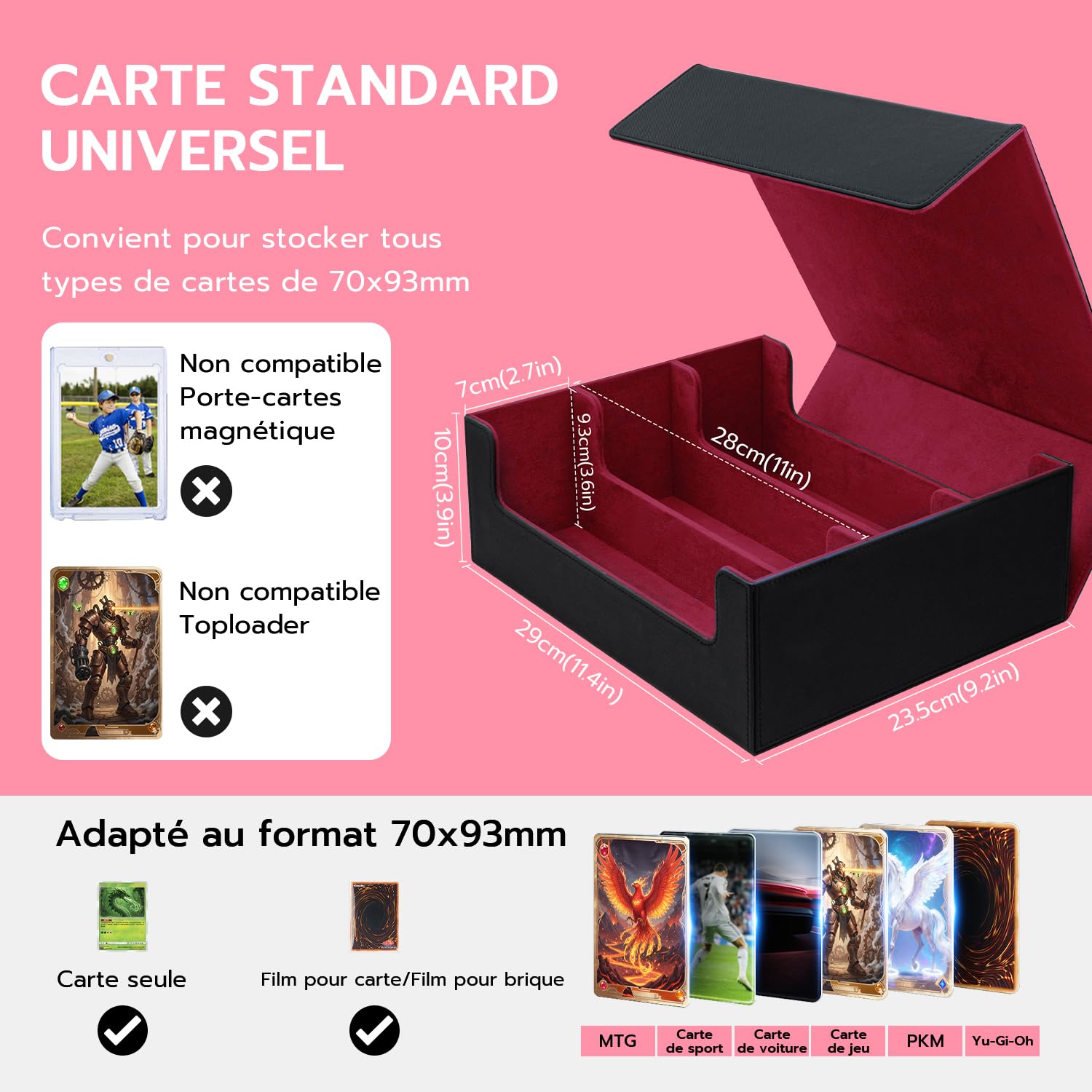 Boîte de Rangement Cartes pour MTG TCG, Capacité 1800+ Cartes avec 8 Séparateurs, Boîtier Magnétique en Cuir PU pour Magic The Gathering (MTG), Yu-Gi-Oh - Noir & Rouge - 3