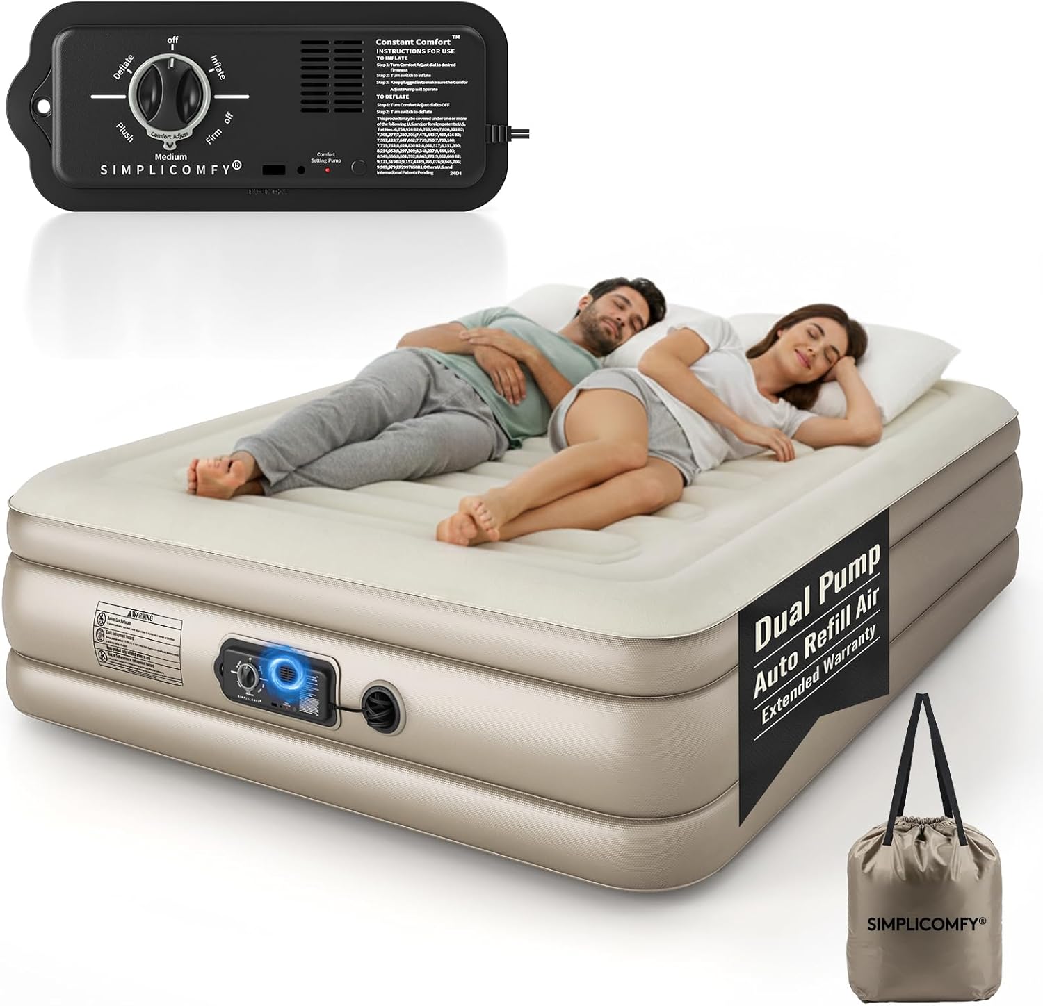 Simpli Comfy Queen Air Mattress with Built-in Patented Constant Comfort Dual Pump, 18" Raised Blow-up Colchon Inflable Mattress Three Adjustable Firmness Settings, Self-monitoring Air Retention System