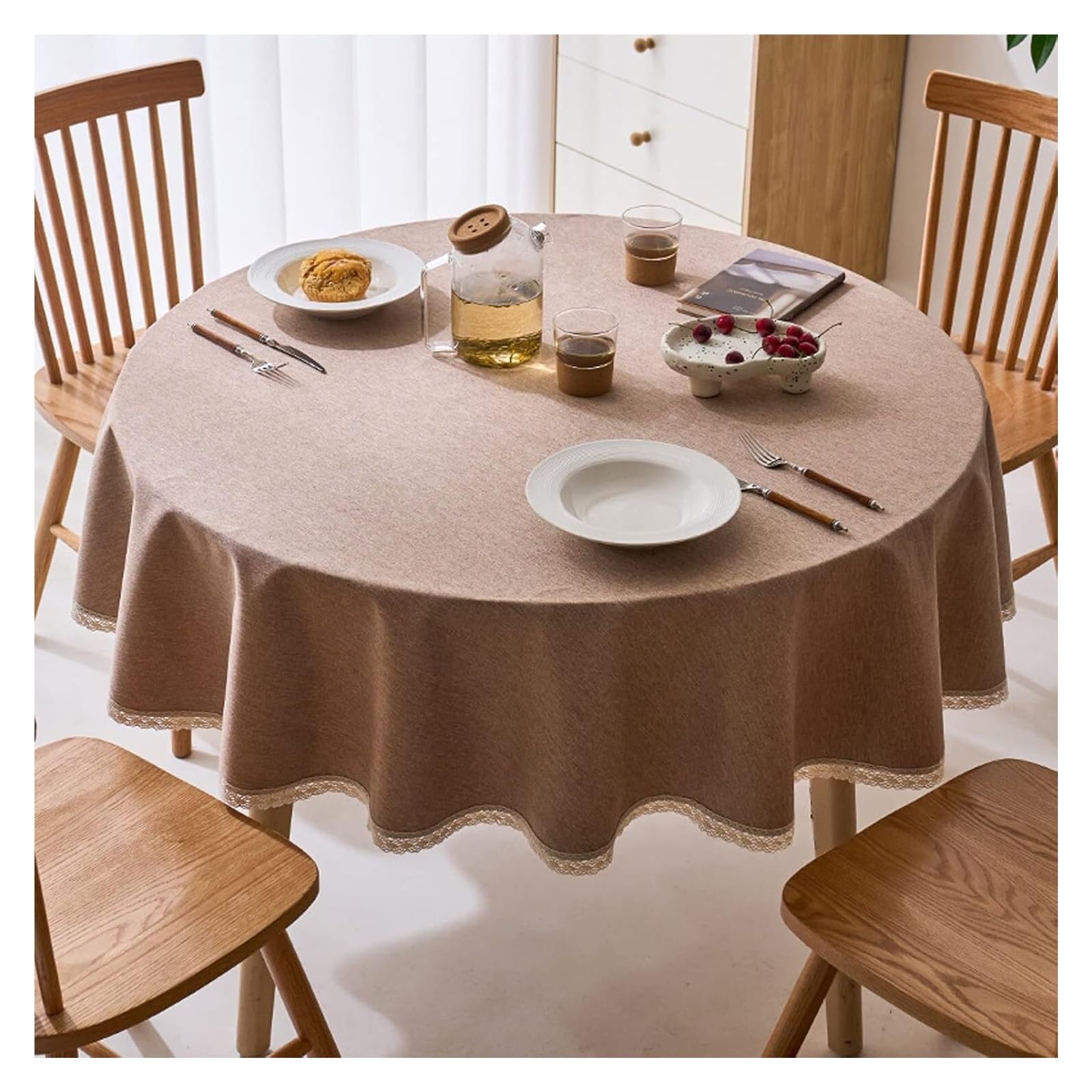 Nappe ronde imperméable coton lin marron 280cm pour décoration de table de salle à manger moderne
