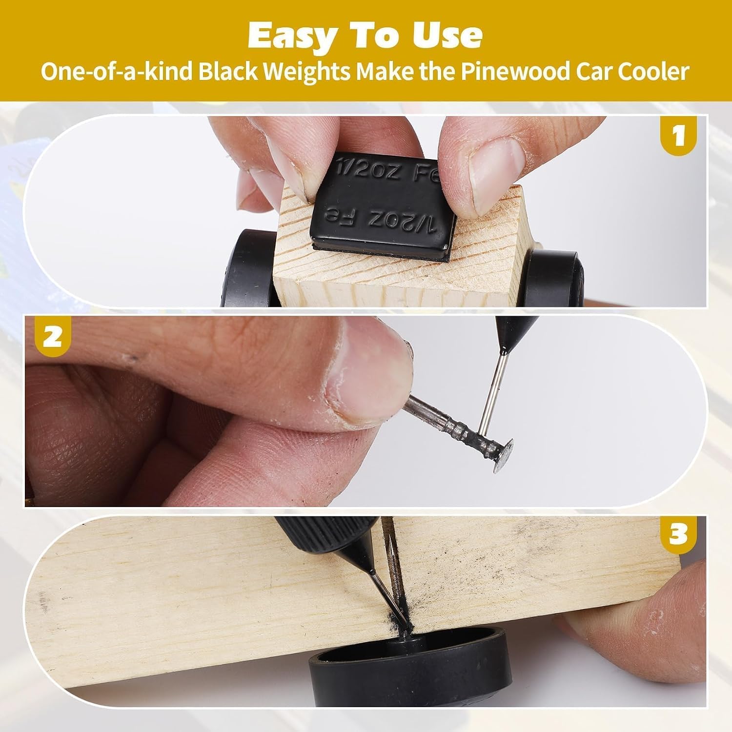 Pinewood Car Weights Kit - 4OZ Pinewood Weights & 0.5 OZ Graphite Powder Lubricant, 12 pcs 2 Size Derby Weights for Derby car Tool Pine Derby Car Wheels Axles Increasing Speed