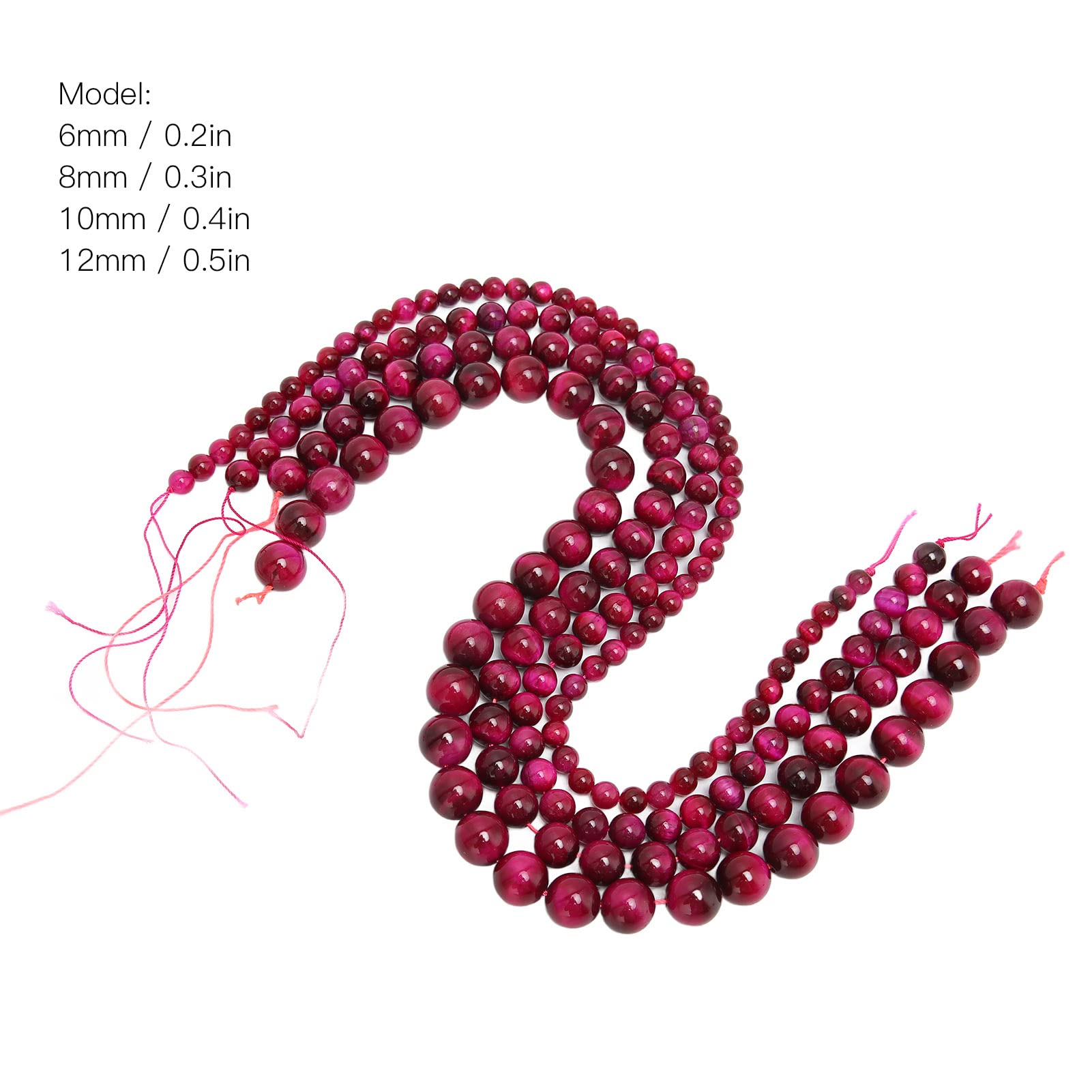 Cuentas de piedra natural para la fabricación de joyas, cuentas lisas para manualidades DIY, cuentas de piedra natural de 6 mm, 8 mm, 10 mm y 12 mm con 4 hebras para pulseras, (rosa roja)