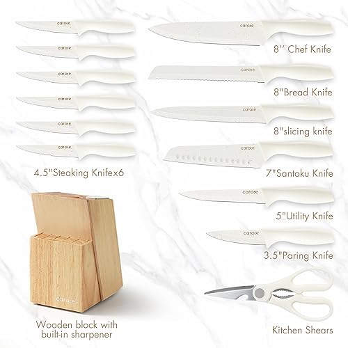 Miniatura 2 de CAROTE Juego de 15 piezas de cuchillos, juego de bloque de cuchillos de cocina, elegantes cuchillas con revestimiento cerámico blanco con elegante
