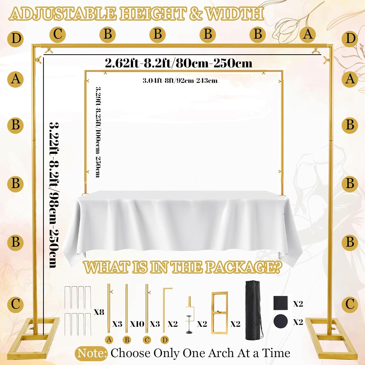 8.2FT Square Backdrop Stand Heavy Duty, Gold Metal Wedding Arch Frame Adjustable, Change Over The Table Rod Stand with 2 Clamps, Background Arch Stand for Parties Birthdays Baby Showers Decor