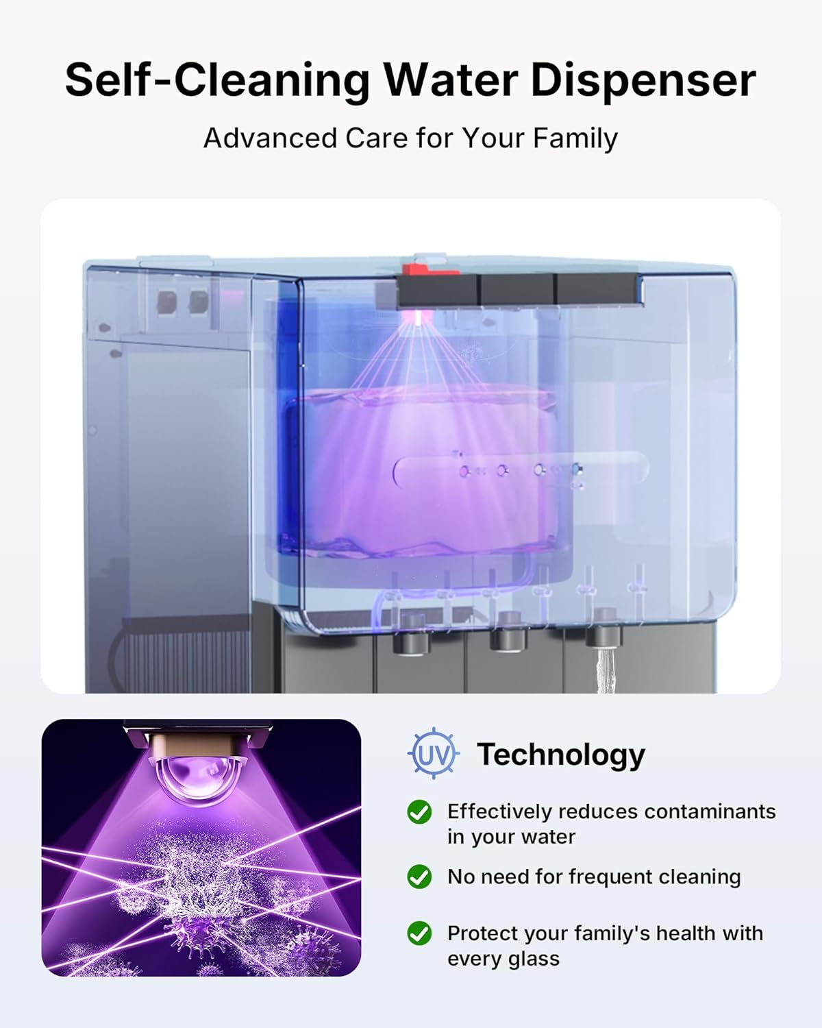 Self Cleaning Bottom Loading Water Cooler Dispenser for 3 & 5 Gallon Bottles - Hot, Cold & Room 3 Temperature, Child Safety Lock, LED Indicator Light, Ideal for Kitchen & Office, Black