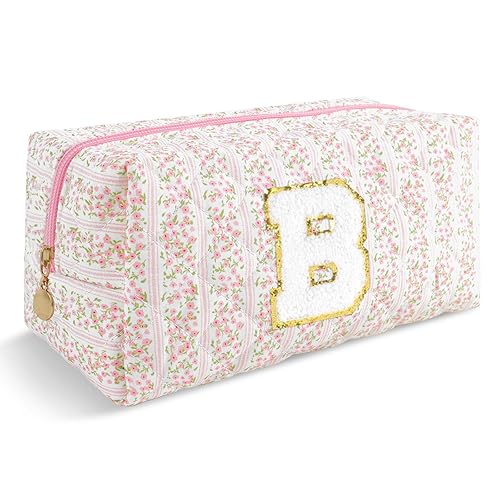Miniatura 81 de Bolsa de maquillaje personalizada con inicial A-Z Preppy Patch, pequeña bolsa de cosméticos de PU con letra de chenilla y cierre para niñas Negro