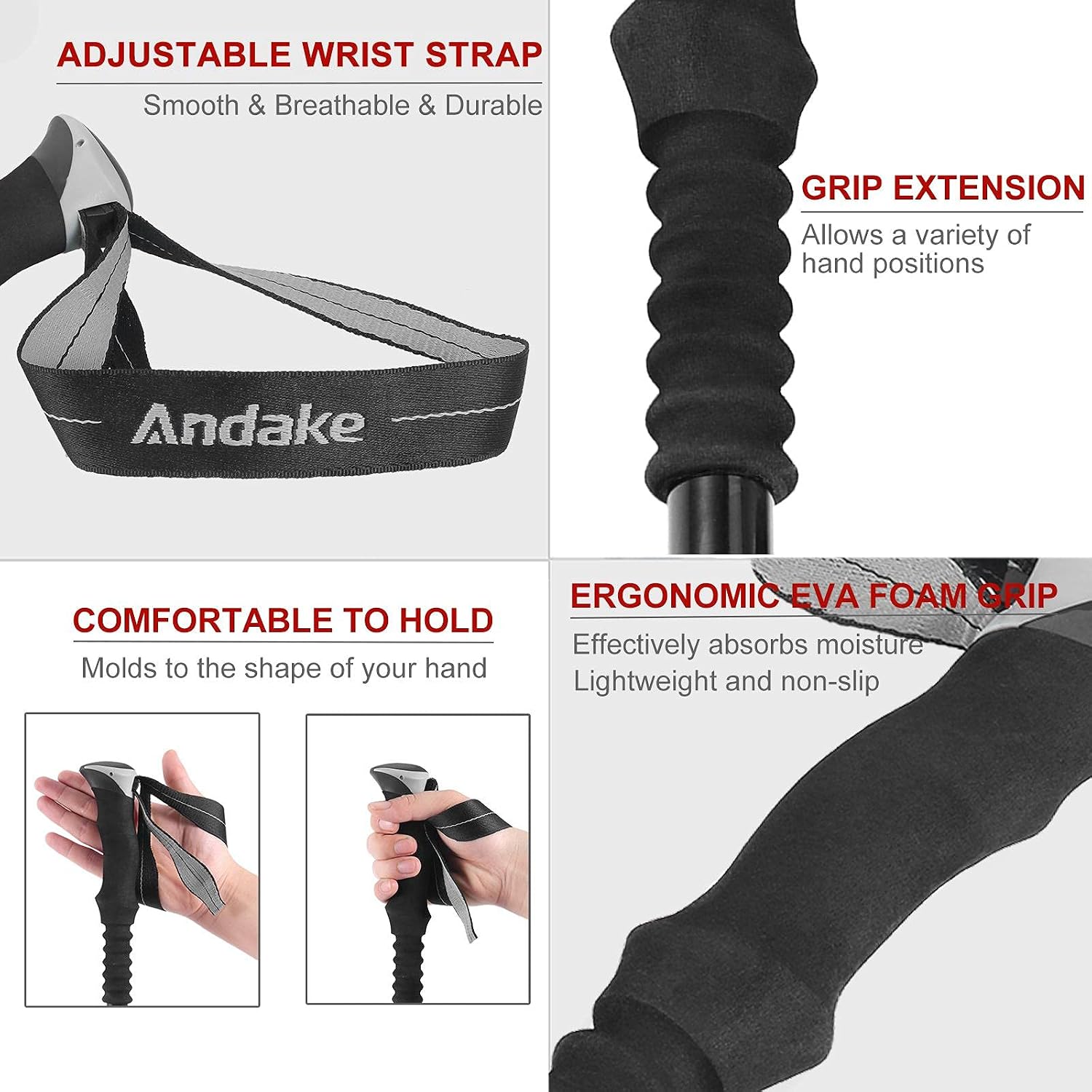 Andake Lightweight Trekking Poles Shock Absorbing, 4-Sections Collapsible Walking Hiking Sticks with Quick Adjustable Locks, Light Sturdy 7075 Aluminum, Include All Terrain Accessories